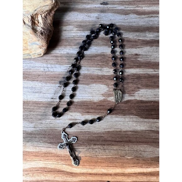 Jewelry - Lourdes Rosary with EAU DE LOURDES Water Relic Black Faceted Beads Brass Crucifi